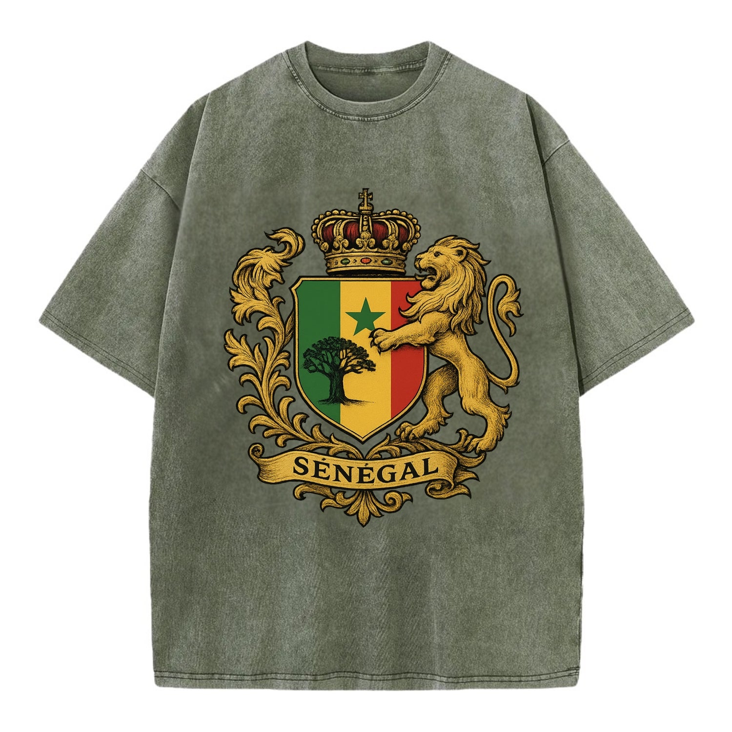 Senegal Lion Emblem  - Vintage T-shirt - Army Green