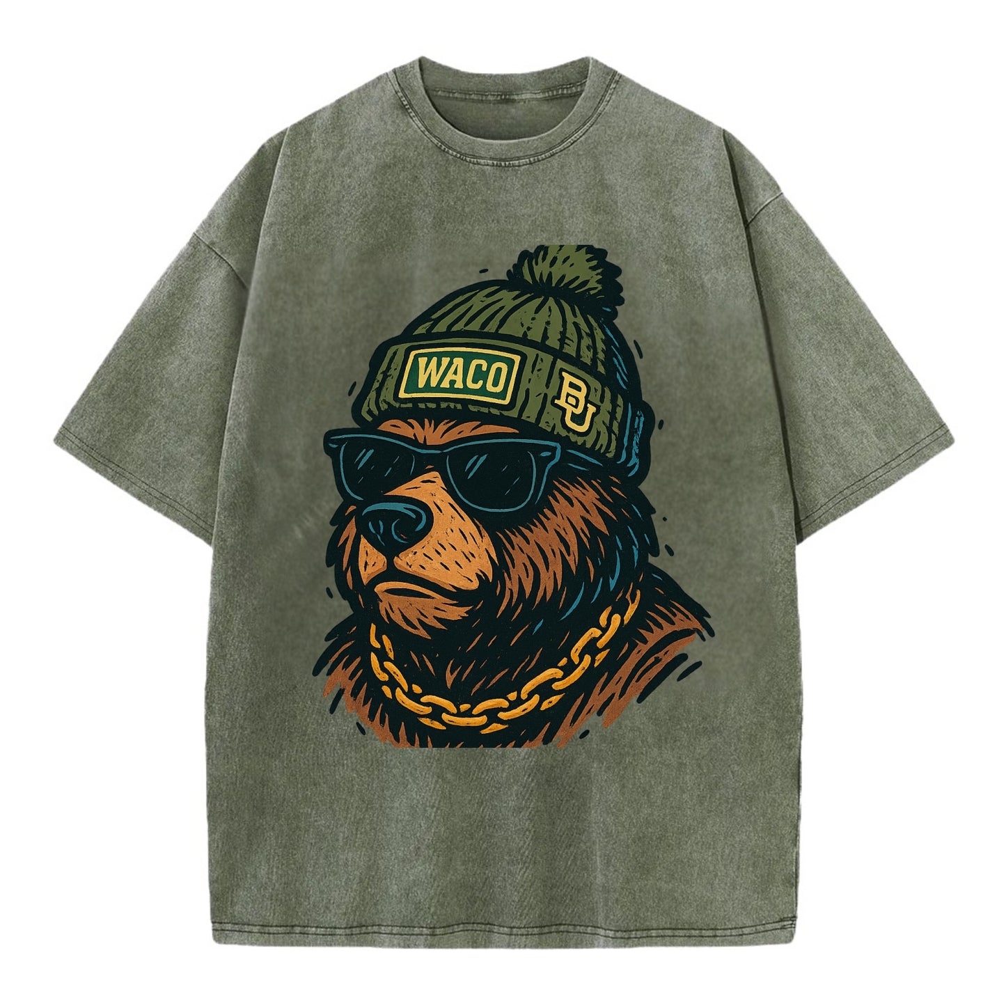 Waco Bear wearing Baylor beanie with BU patch - Vintage T-shirt - Army Green