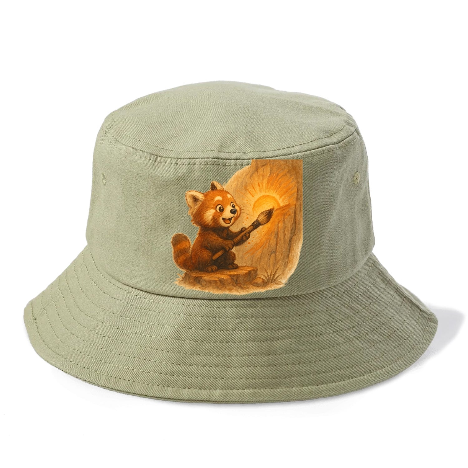 Red panda painting a sunrise mural with an oversized calligraphy brush on a cliff wall - Bucket Hat - Army Green