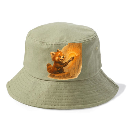 Red panda painting a sunrise mural with an oversized calligraphy brush on a cliff wall - Bucket Hat - Army Green