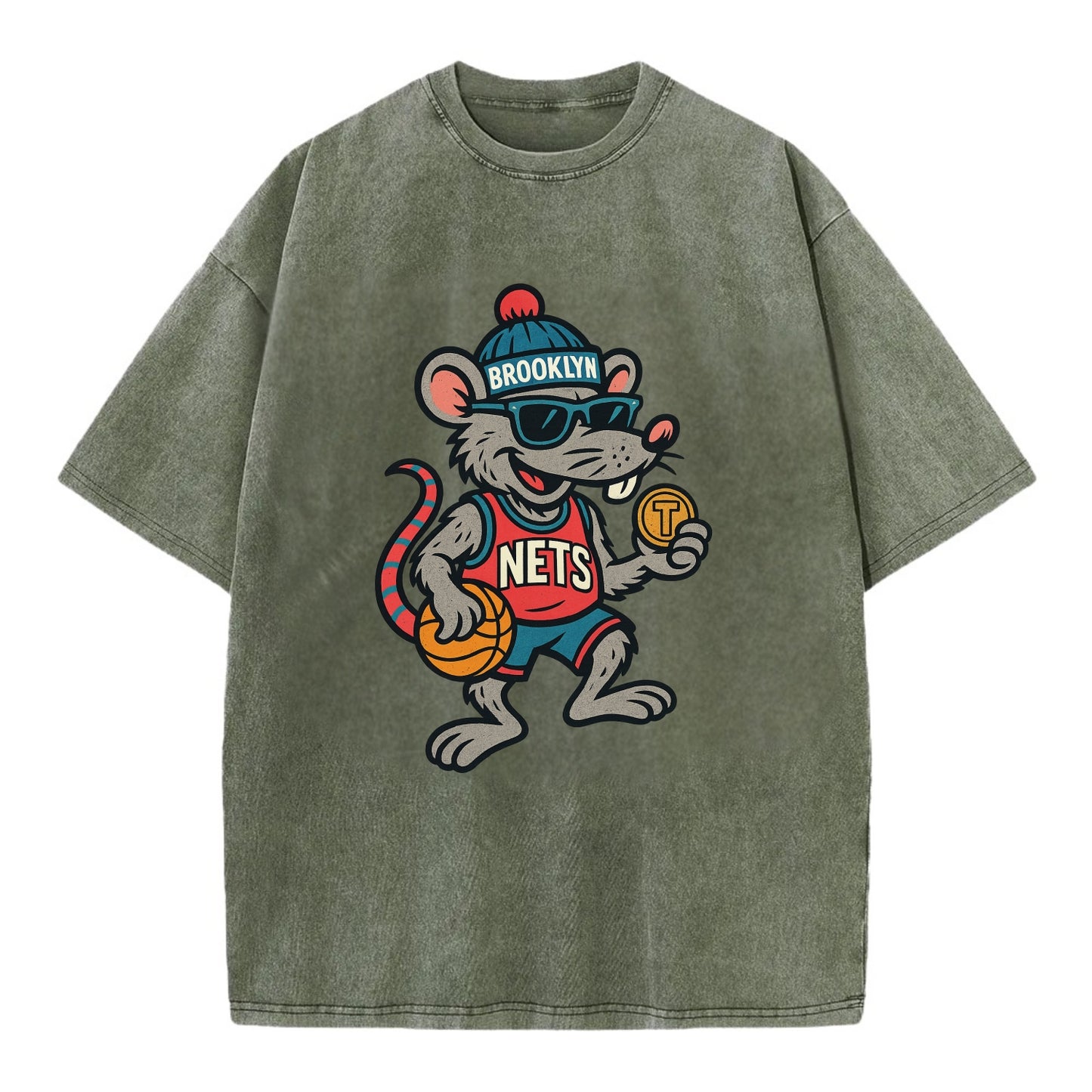 Brooklyn Rat wearing Nets beanie with subway token and wayfarer sunglasses - Vintage T-shirt - Army Green