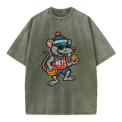 Brooklyn Rat wearing Nets beanie with subway token and wayfarer sunglasses - Vintage T-shirt - Army Green