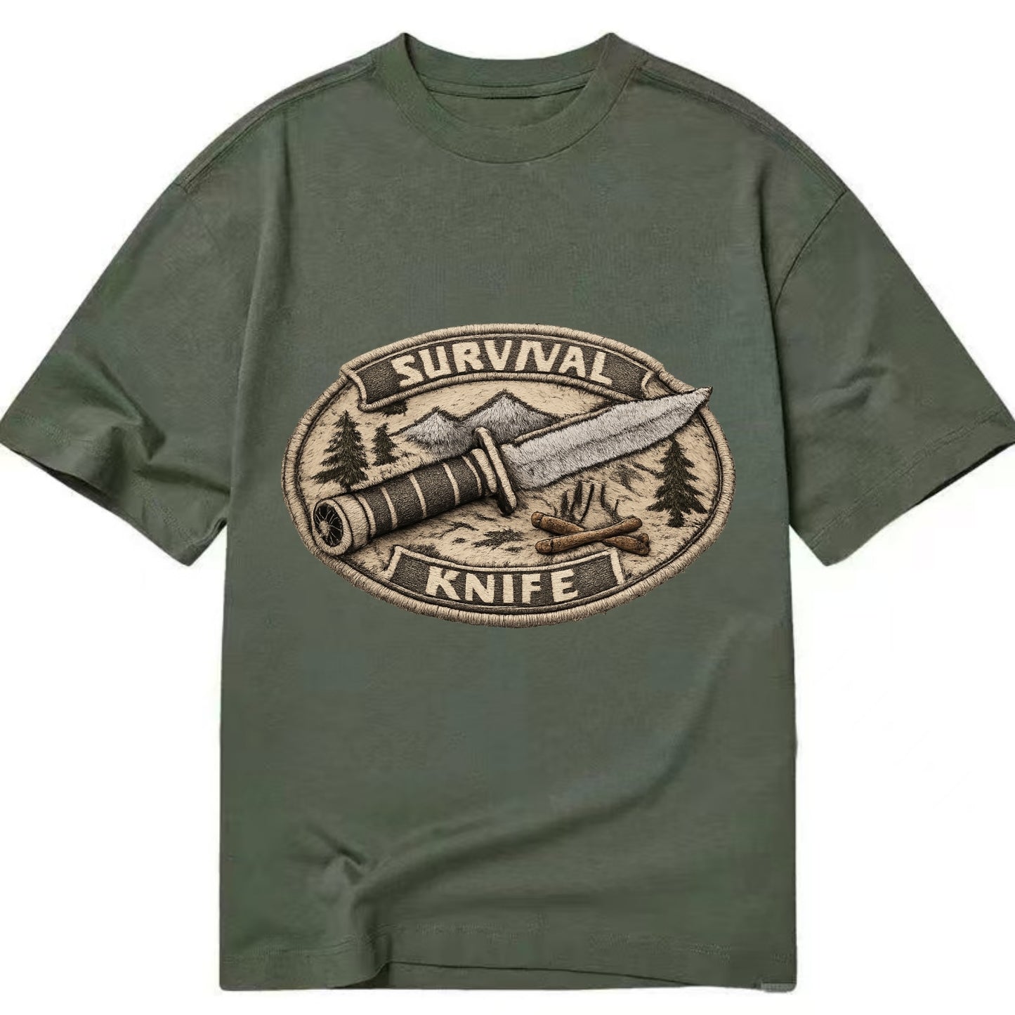 SURVIVAL KNIFE - fixed blade with compass in silver and black , bushcraft - Classic T-shirt - Army Green