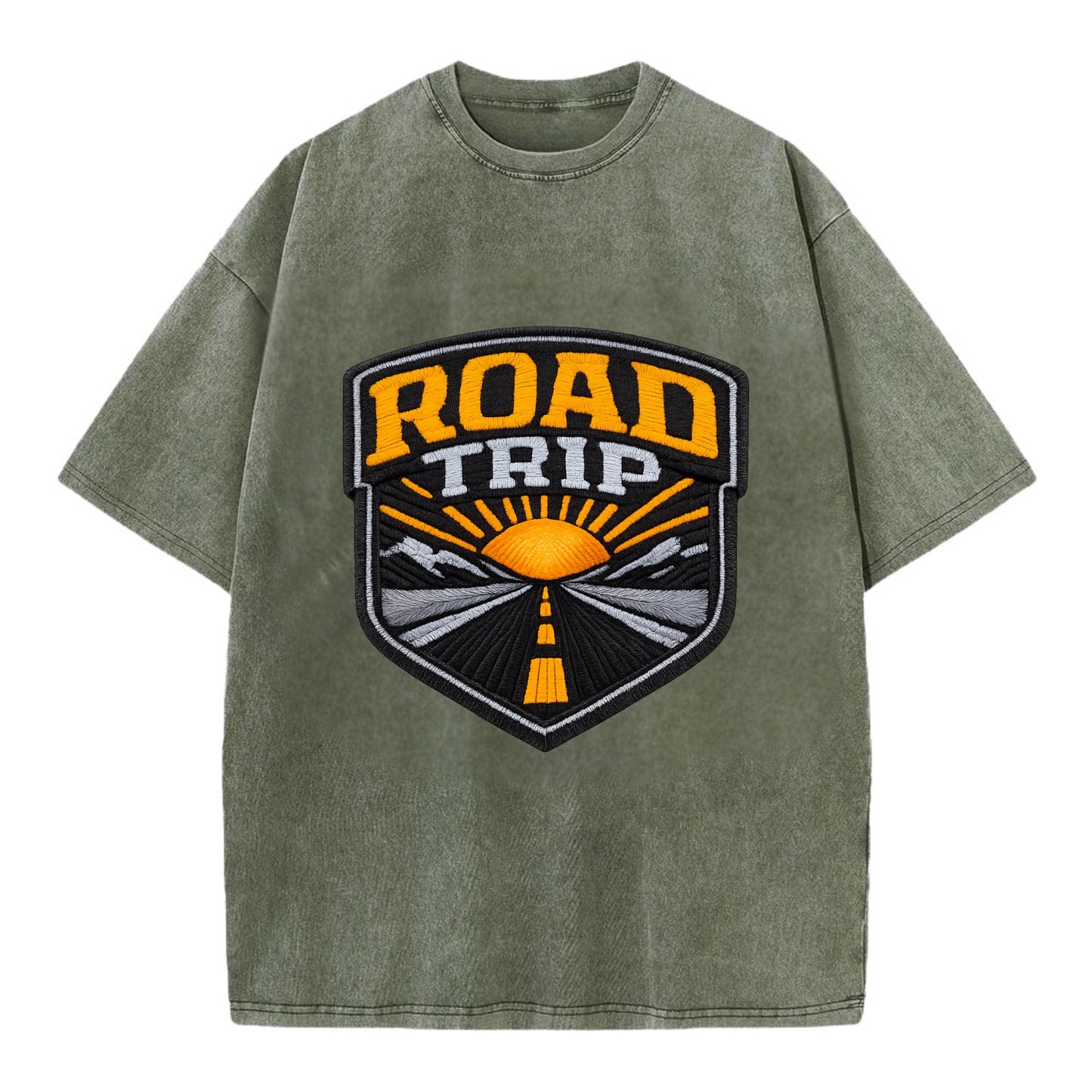 ROAD TRIP - highway and sun in orange and gray , open road - Vintage T-shirt - Army Green