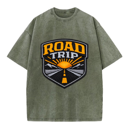 ROAD TRIP - highway and sun in orange and gray , open road - Vintage T-shirt - Army Green