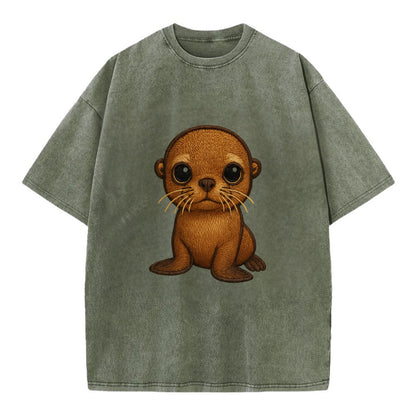 Baby California Sea Lion - golden brown, large expressive eyes, whiskers, - Vintage T-shirt - Army Green