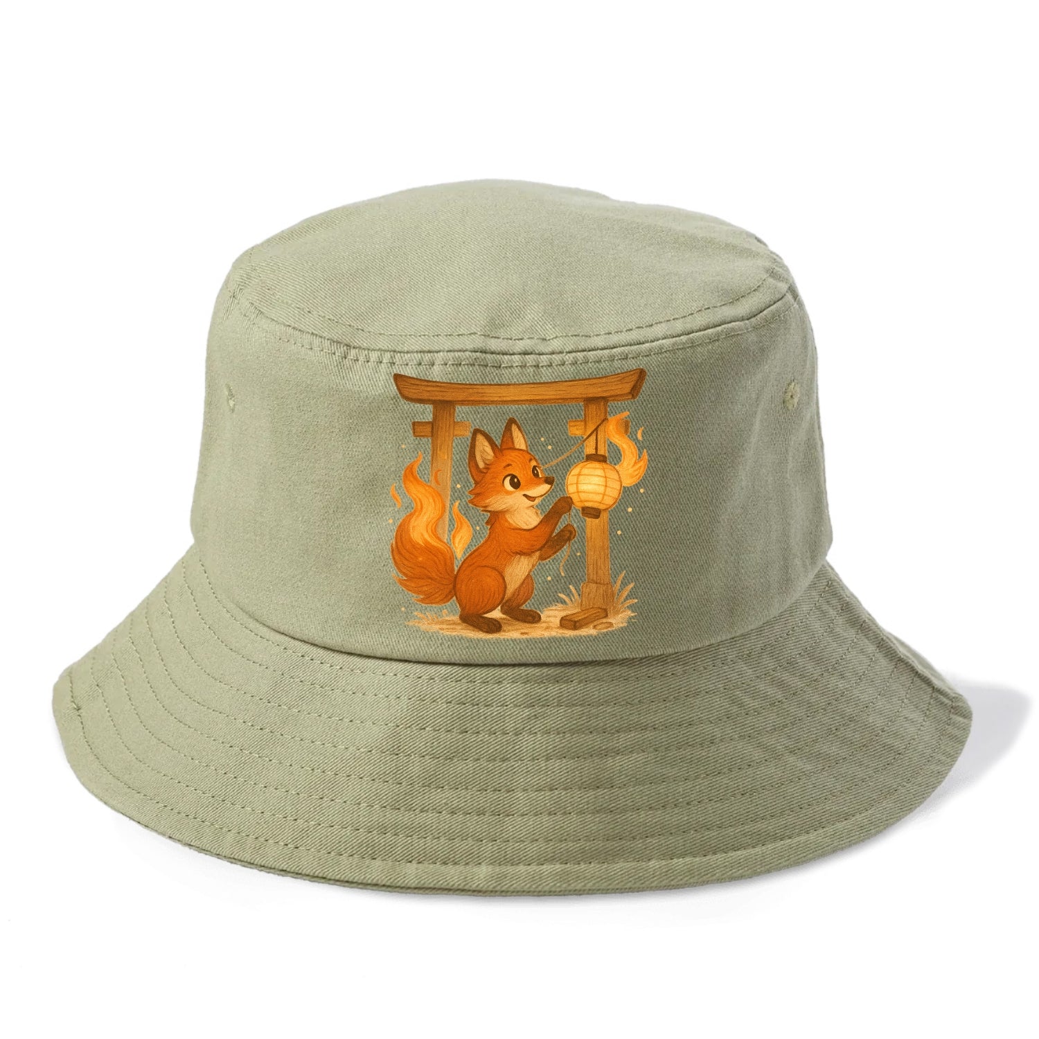Foxfire kitsune stringing lanterns along a torii gate with tails of living flame - Bucket Hat - Army Green