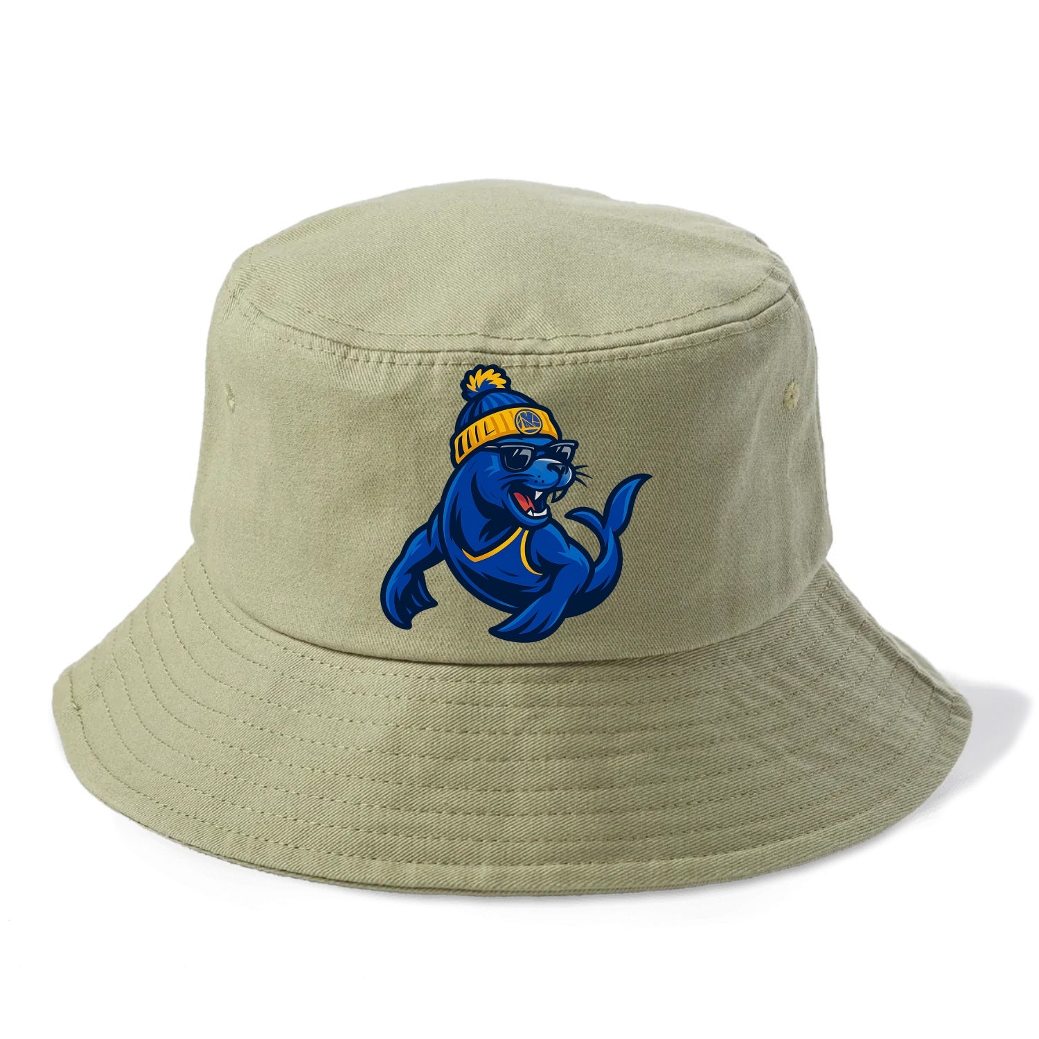Bay Area Sea Lion wearing Warriors blue and gold beanie with Golden Gate and wayfarer - Bucket Hat - Army Green