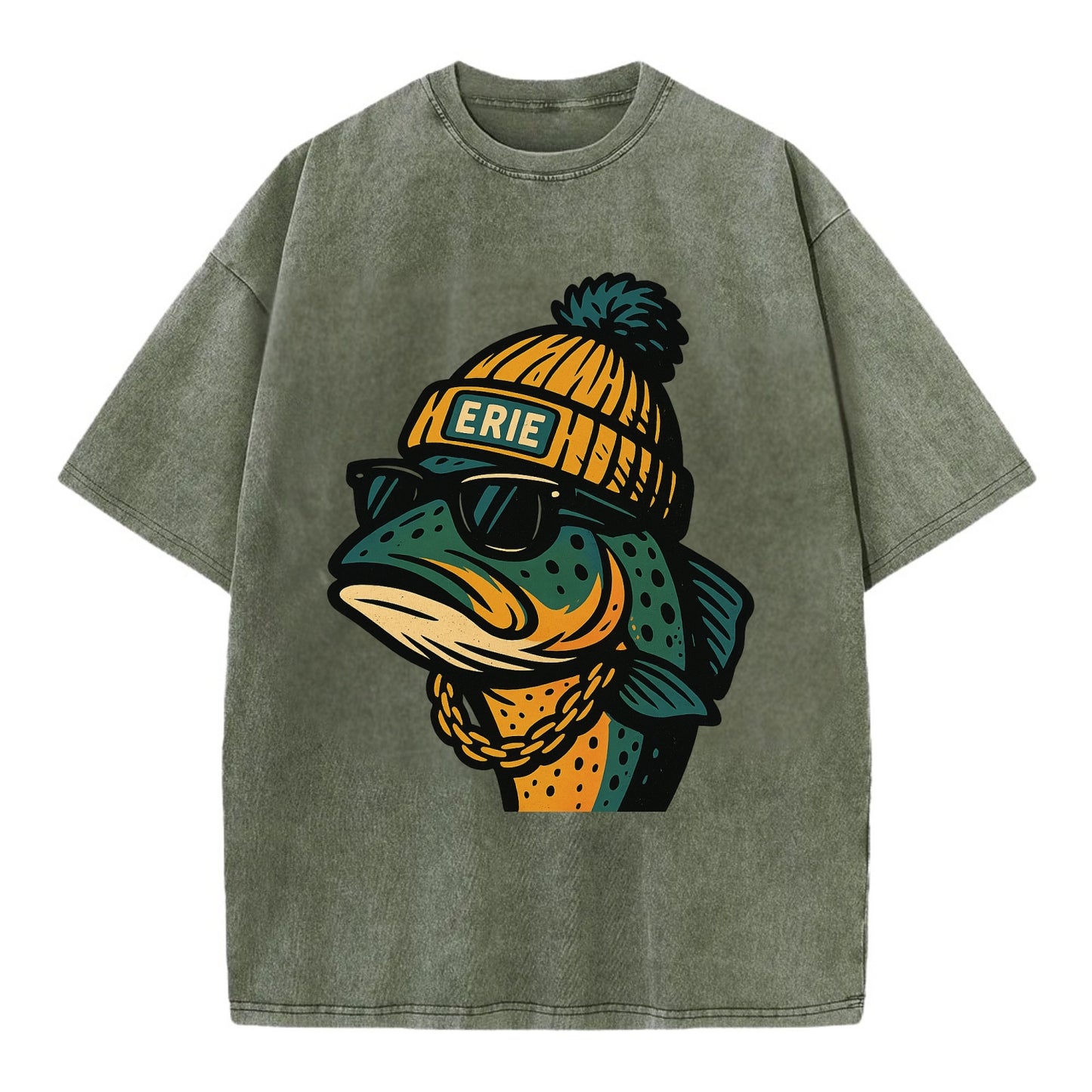 Erie Lake Trout wearing Erie beanie with pom pom and wayfarer sunglasses - Vintage T-shirt - Army Green