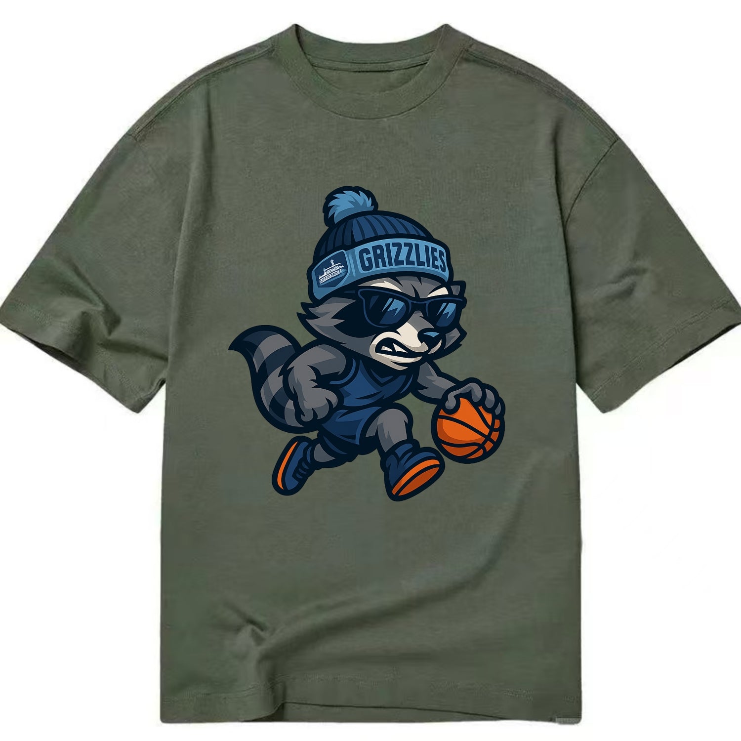 Memphis Raccoon wearing Grizzlies beanie with riverboat patch and wayfarer - Classic T-shirt - Army Green