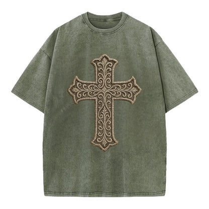 Filigree Cross  - Vintage T-shirt - Army Green