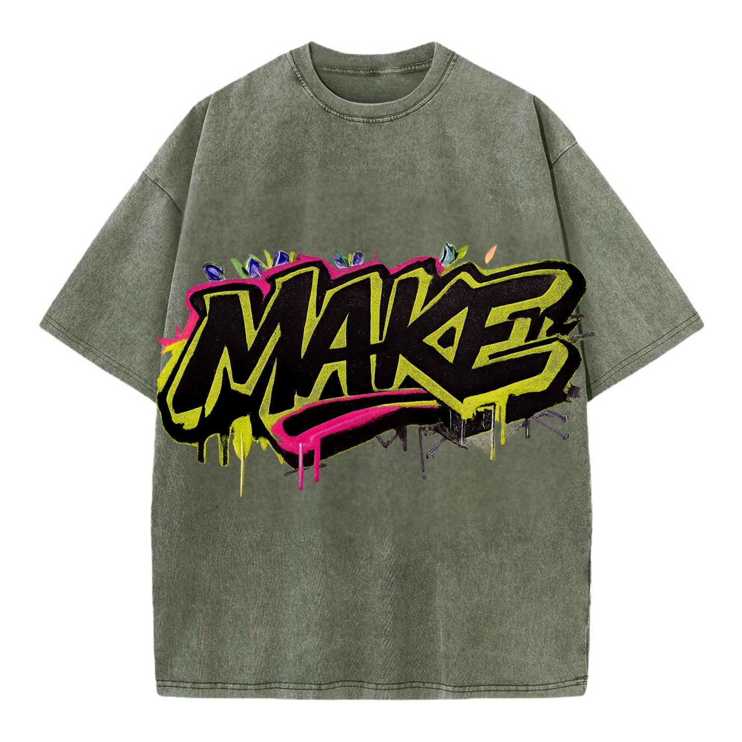Bold typography design - "MAKE" - creating, producing, doing - Vintage T-shirt - Army Green