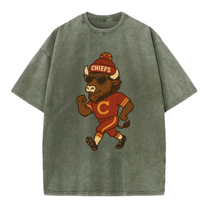 KC Bison wearing Chiefs beanie with arrowhead patch and wayfarer sunglasses - Vintage T-shirt - Army Green