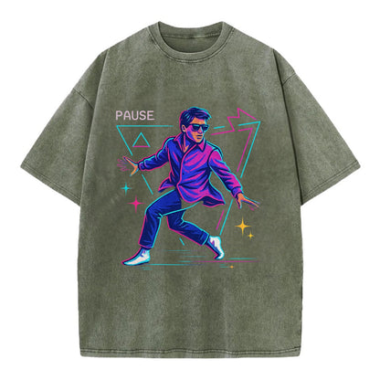 confident figure sliding across polished wooden floor in socks and sunglasses - Vintage T-shirt - Army Green