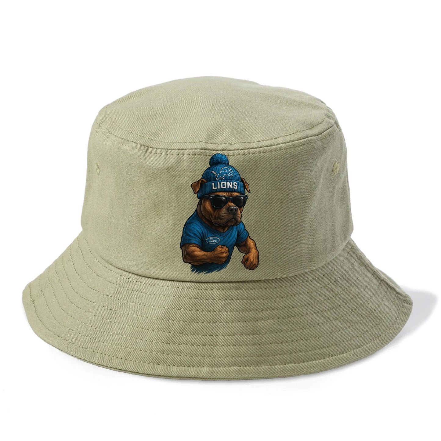 Detroit Pitbull wearing Lions beanie with auto patch and wayfarer sunglasses - Bucket Hat - Army Green
