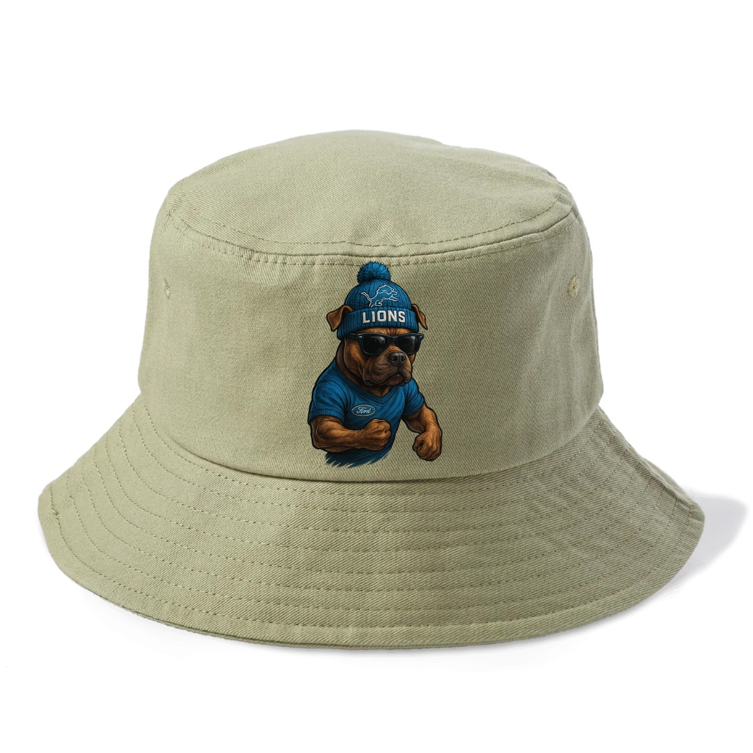 Detroit Pitbull wearing Lions beanie with auto patch and wayfarer sunglasses - Bucket Hat - Army Green