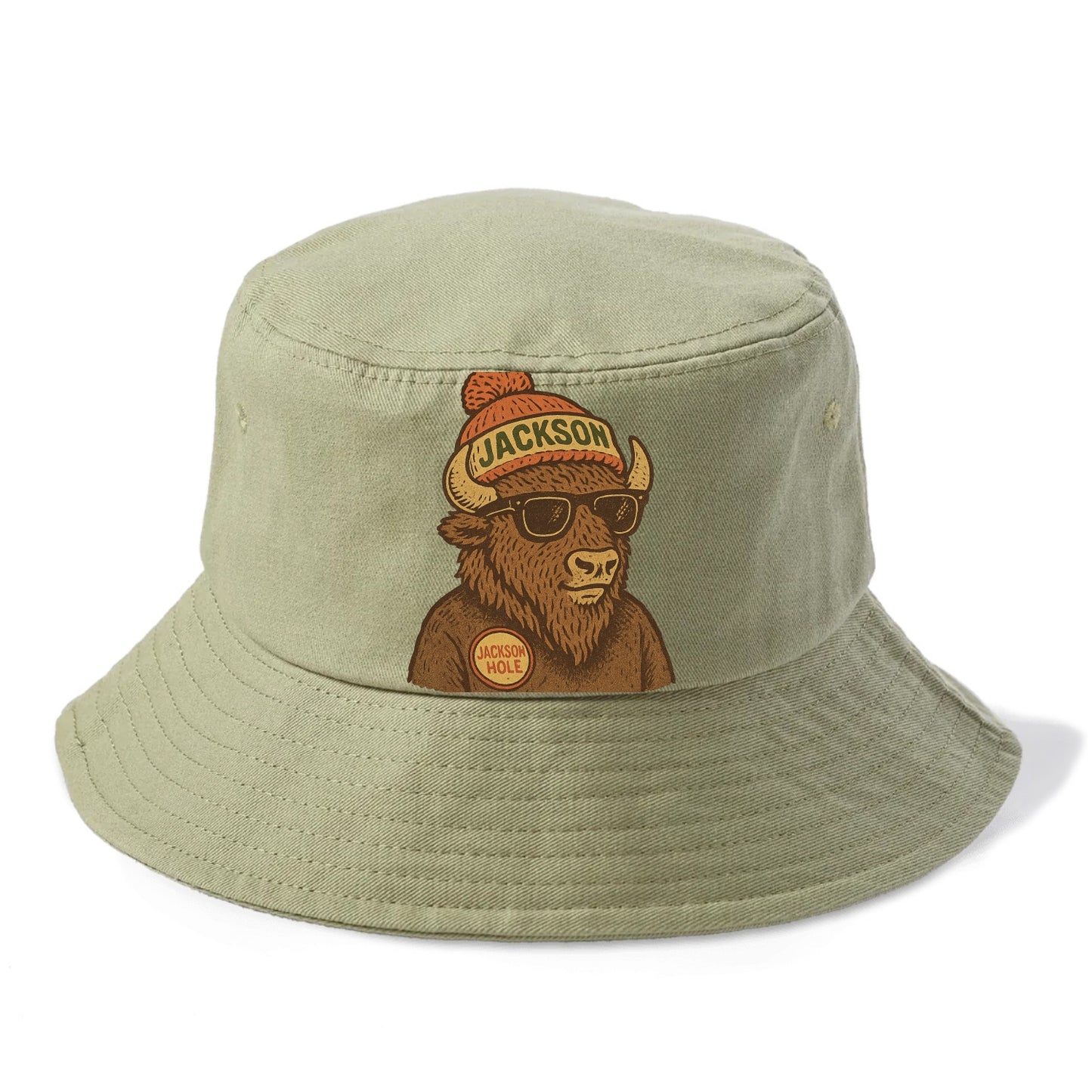 Jackson Hole Bison wearing Jackson beanie with pom pom and wayfarer sunglasses - Bucket Hat - Army Green