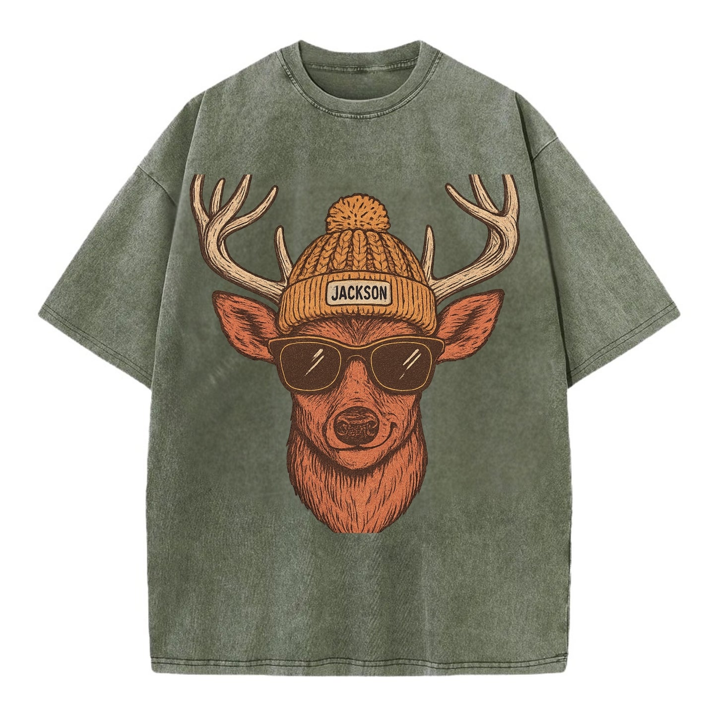 Mississippi White-tailed Deer wearing Jackson beanie with pom pom and wayfarer - Vintage T-shirt - Army Green