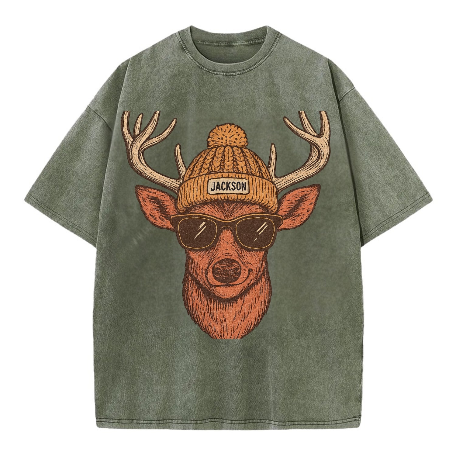 Mississippi White-tailed Deer wearing Jackson beanie with pom pom and wayfarer - Vintage T-shirt - Army Green