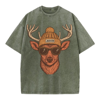 Mississippi White-tailed Deer wearing Jackson beanie with pom pom and wayfarer - Vintage T-shirt - Army Green
