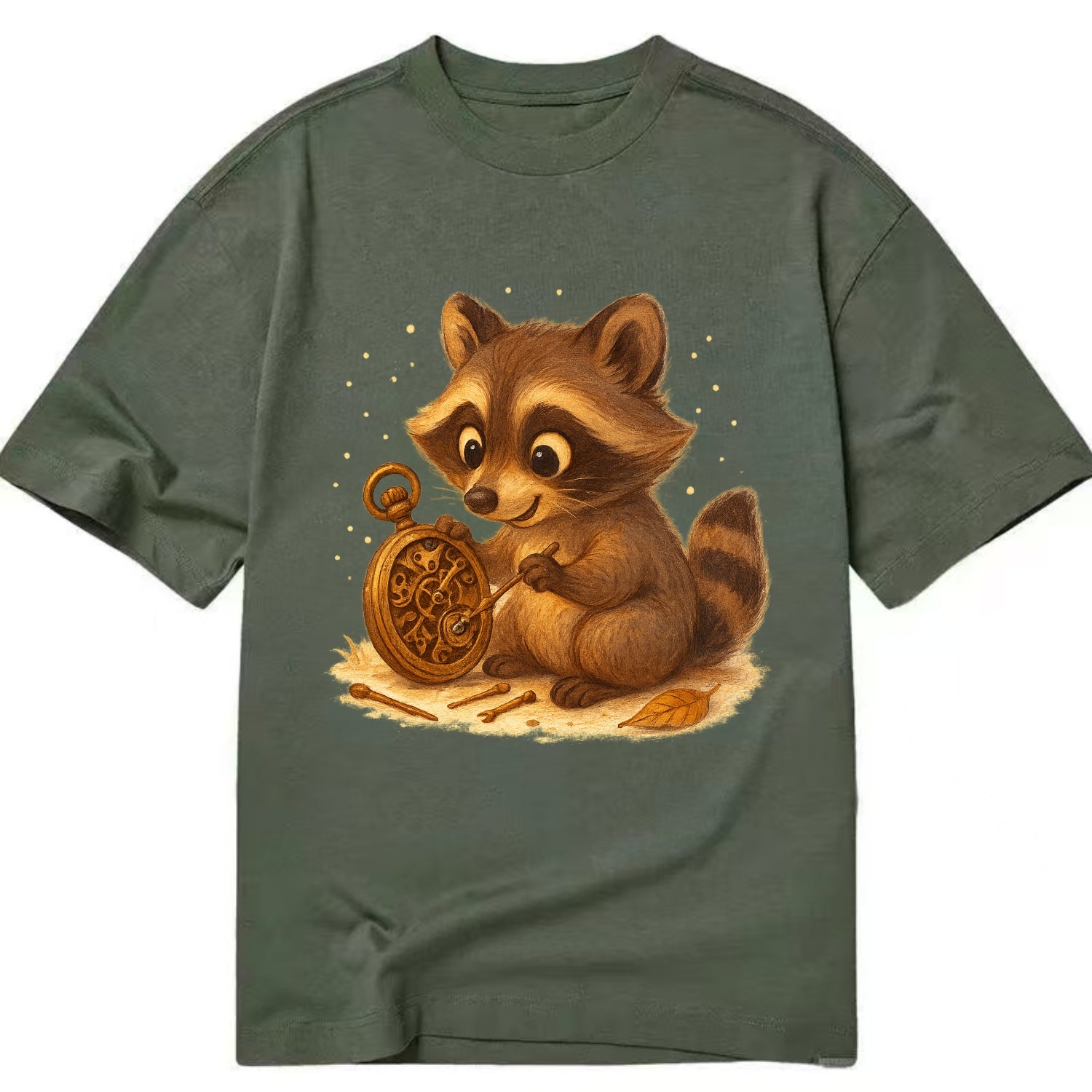 Raccoon tinkering with a steampunk pocket watch using tiny brass tools - Classic T-shirt - Army Green