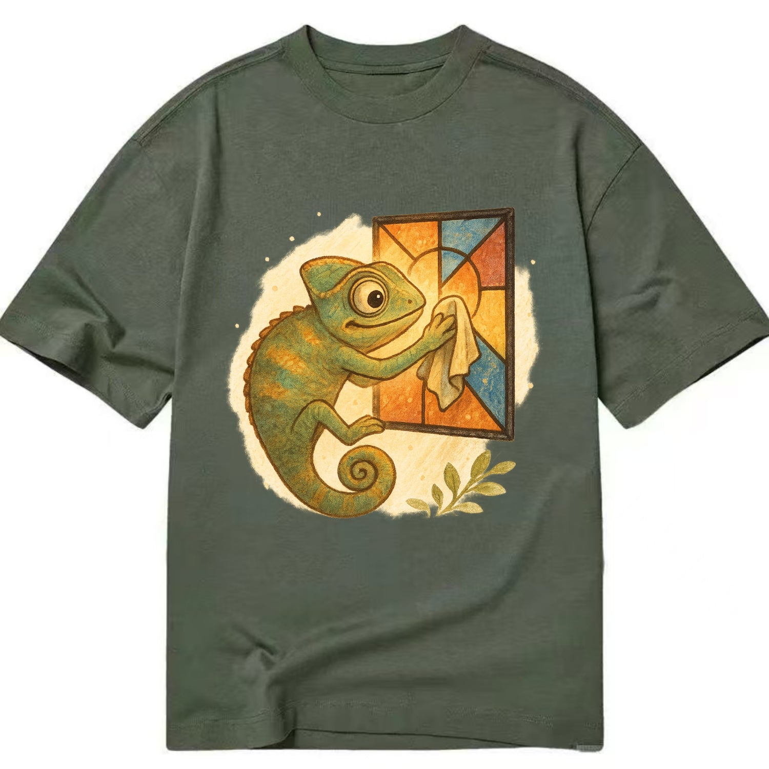 Chameleon blending into a stained-glass window it is polishing with delicate - Classic T-shirt - Army Green