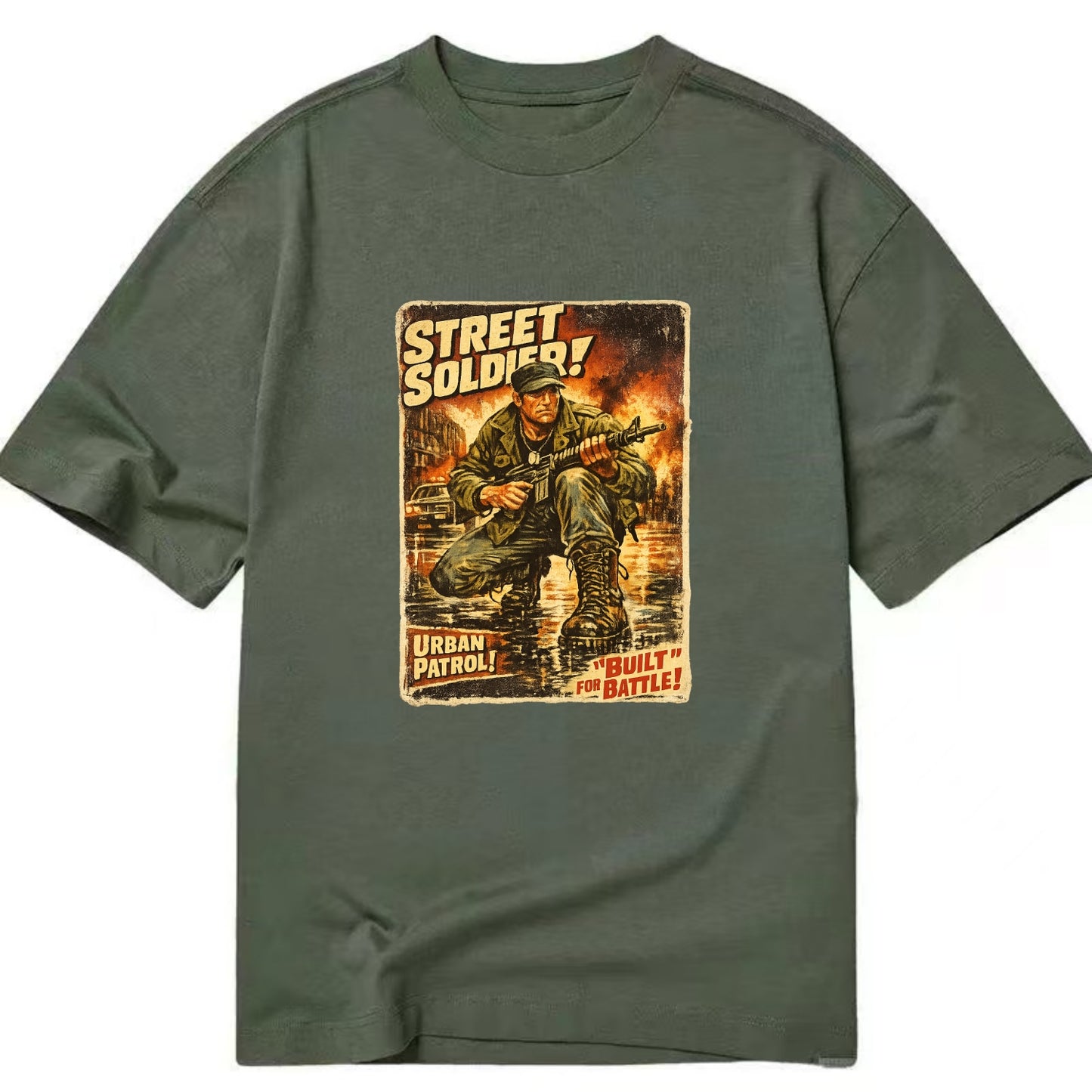 COMBAT READY | Military boots on wet pavement | Street soldier | Urban patrol | - Classic T-shirt - Army Green