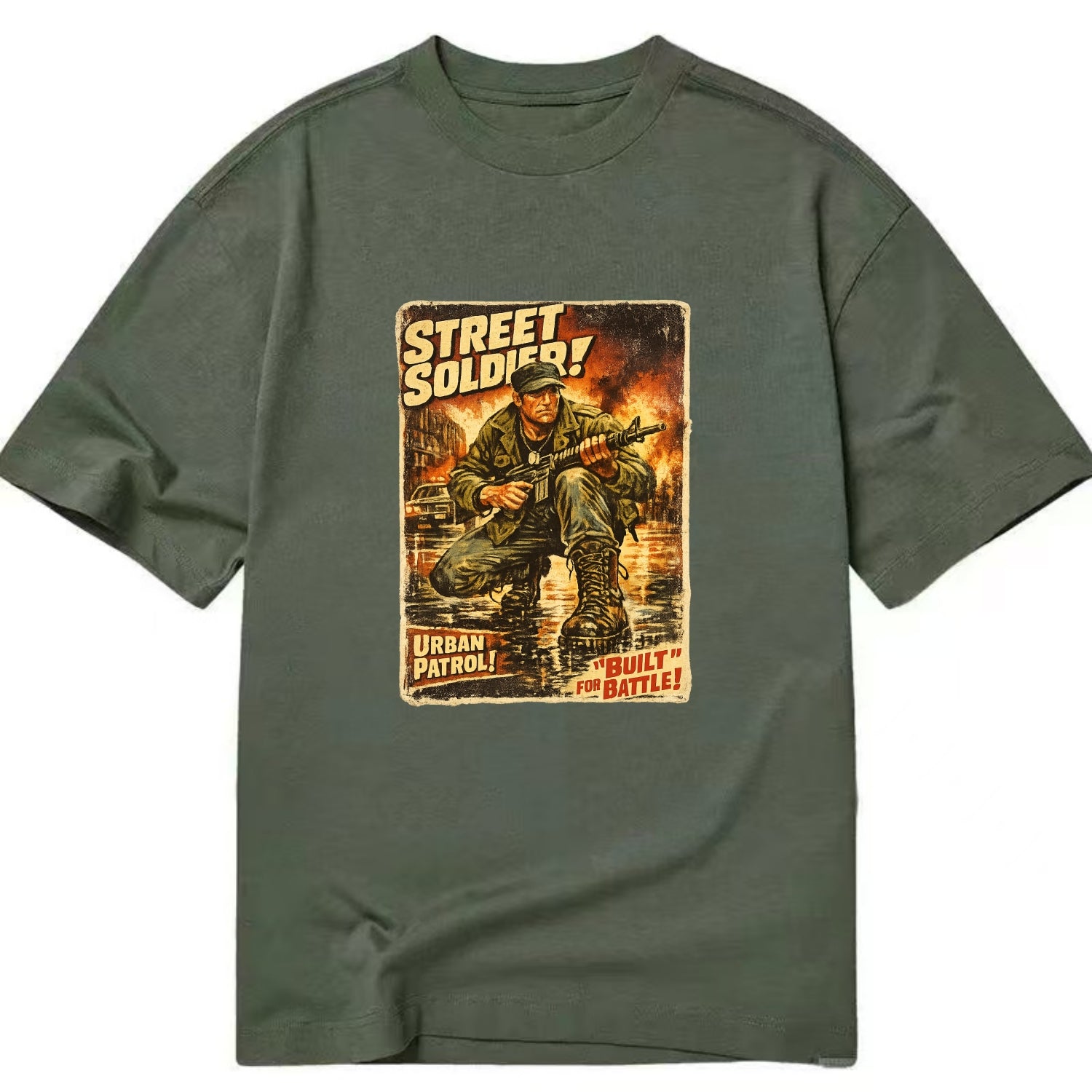 COMBAT READY | Military boots on wet pavement | Street soldier | Urban patrol | - Classic T-shirt - Army Green