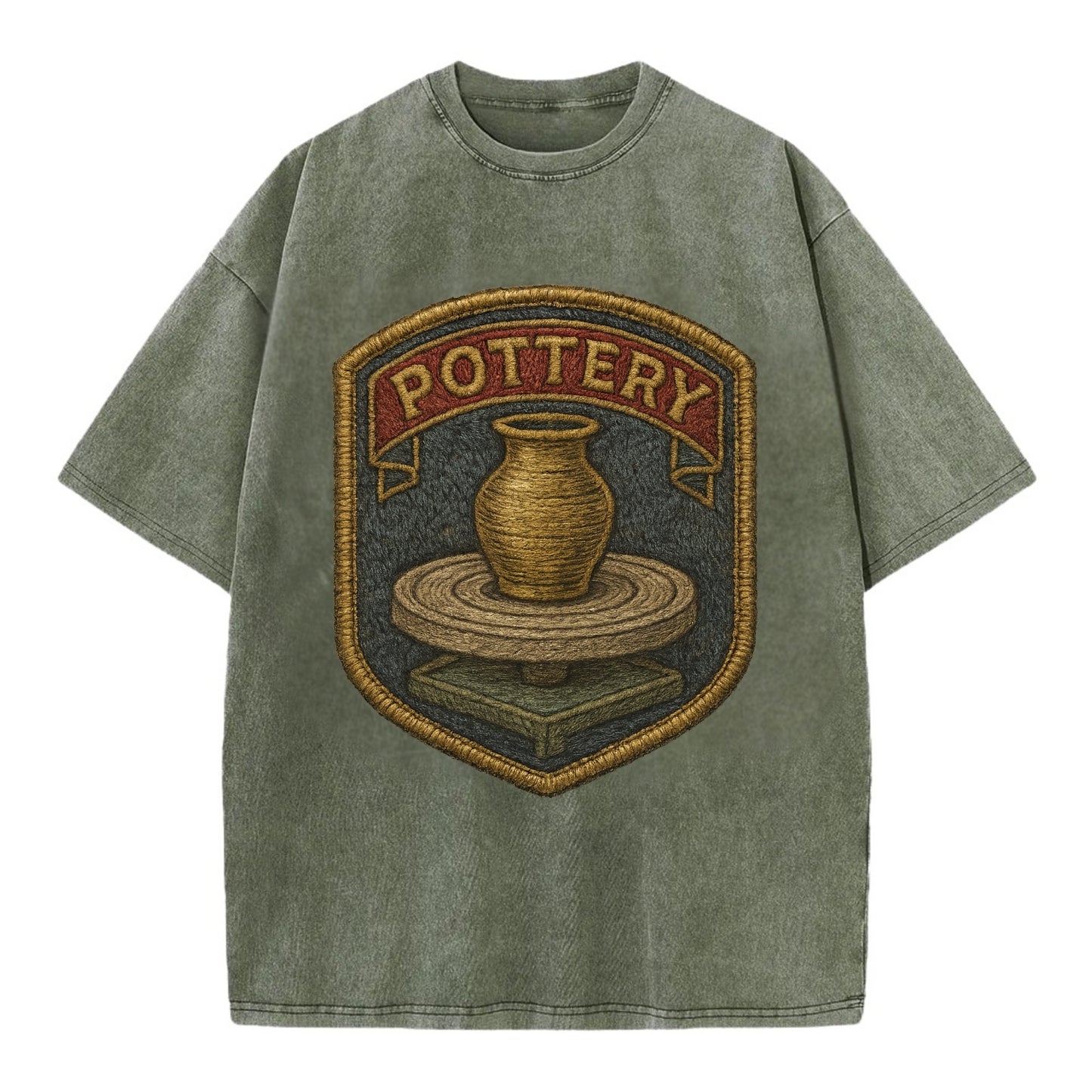Pottery wheel with clay vessel - ceramicist symbol - Vintage T-shirt - Army Green