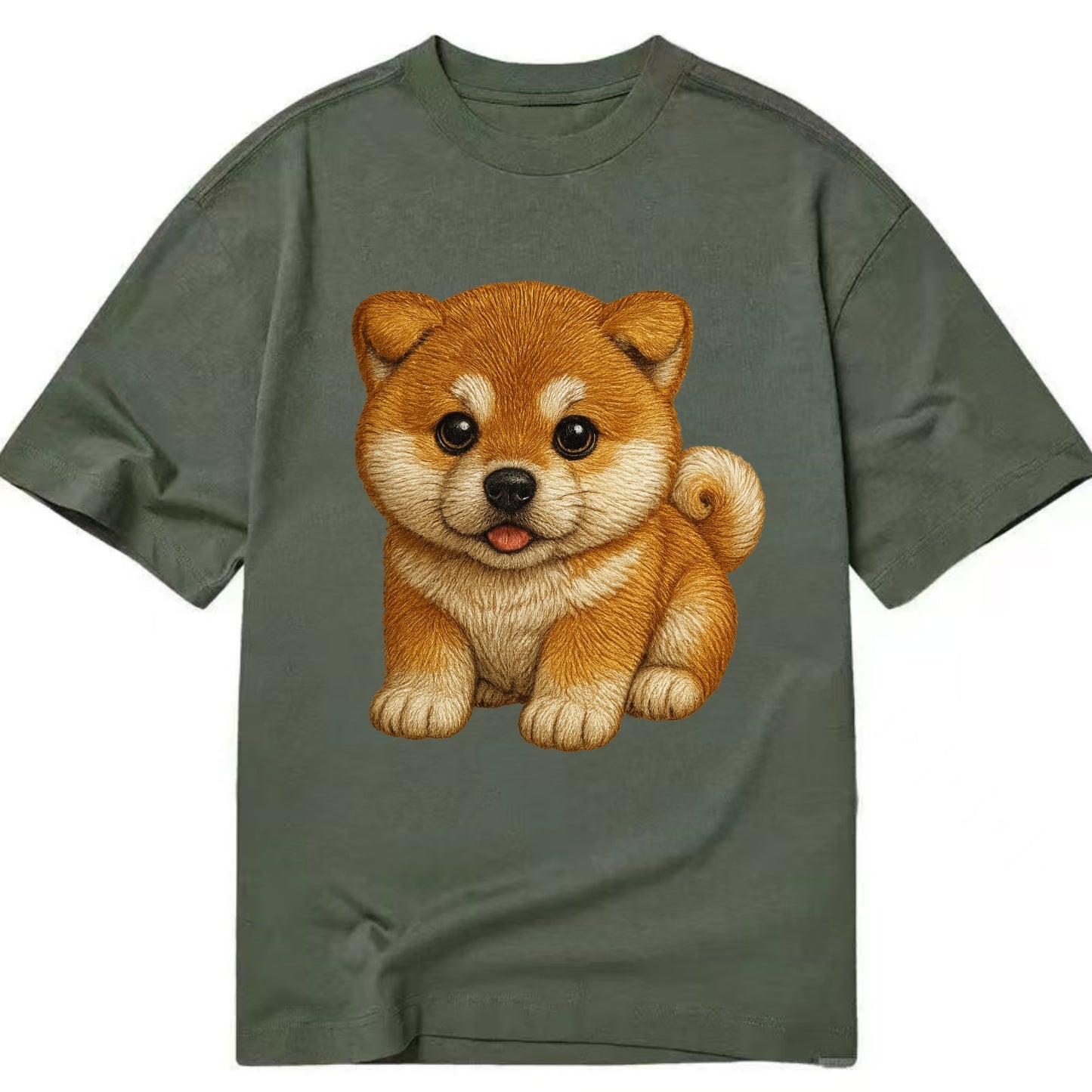 Baby Akita Puppy - fluffy bear-like, curled tail, dignified eyes, front-facing, - Classic T-shirt - Army Green