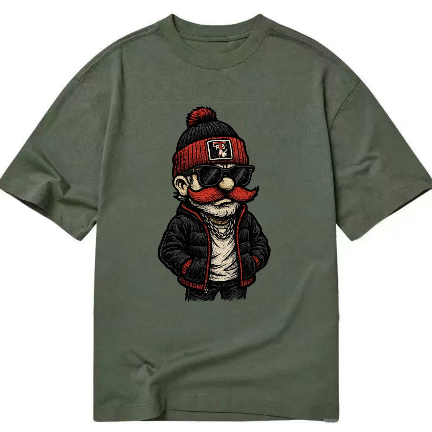 Lubbock Raider wearing Texas Tech beanie with guns up patch - Classic T-shirt - Army Green
