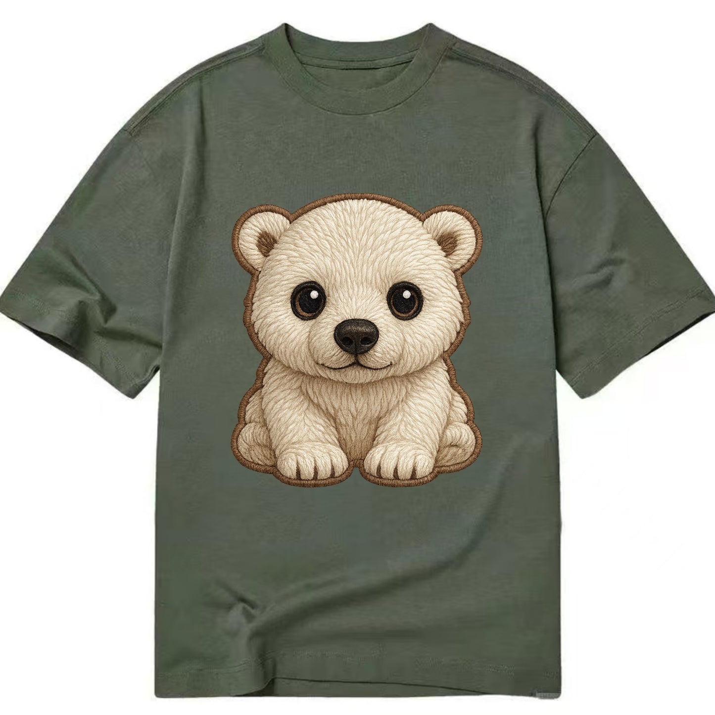 Baby Polar Bear Cub - white fluffy, black nose, dark curious eyes, front-facing, - Classic T-shirt - Army Green