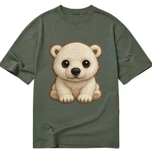 Baby Polar Bear Cub - white fluffy, black nose, dark curious eyes, front-facing, - Classic T-shirt - Army Green