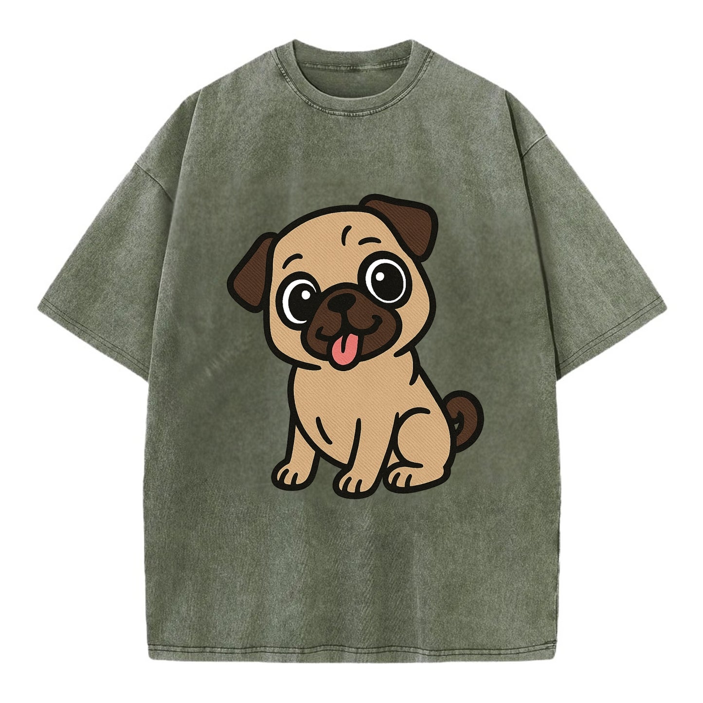 Pug - Tilted head with tongue out - Vintage T-shirt - Army Green