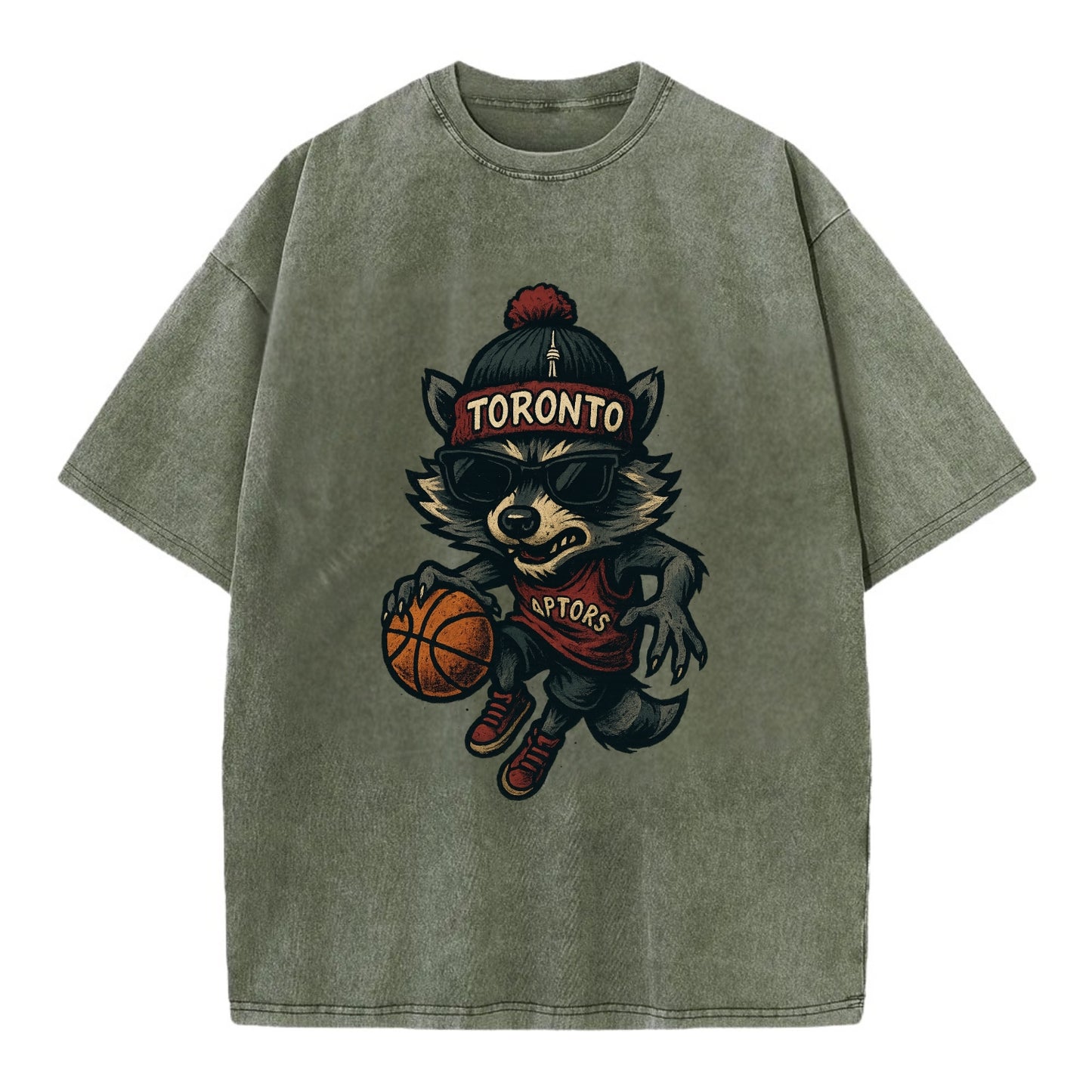 Toronto Raccoon wearing Raptors beanie with CN Tower patch and wayfarer sunglasses - Vintage T-shirt - Army Green