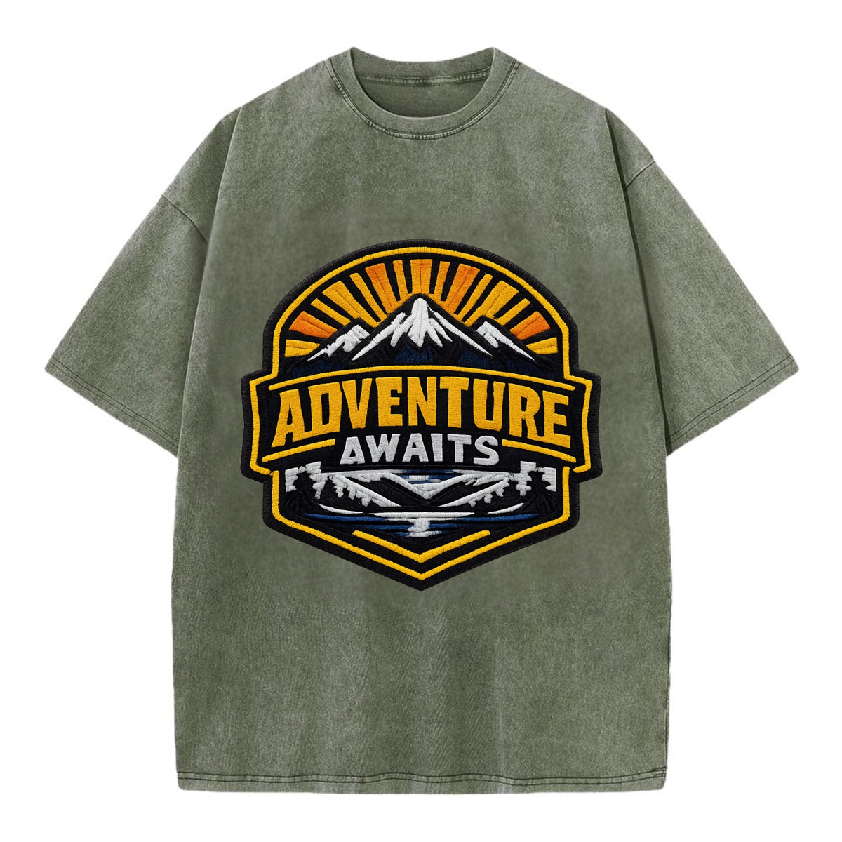 ADVENTURE AWAITS - mountain sunrise with text in gold and blue , wanderlust - Vintage T-shirt - Army Green