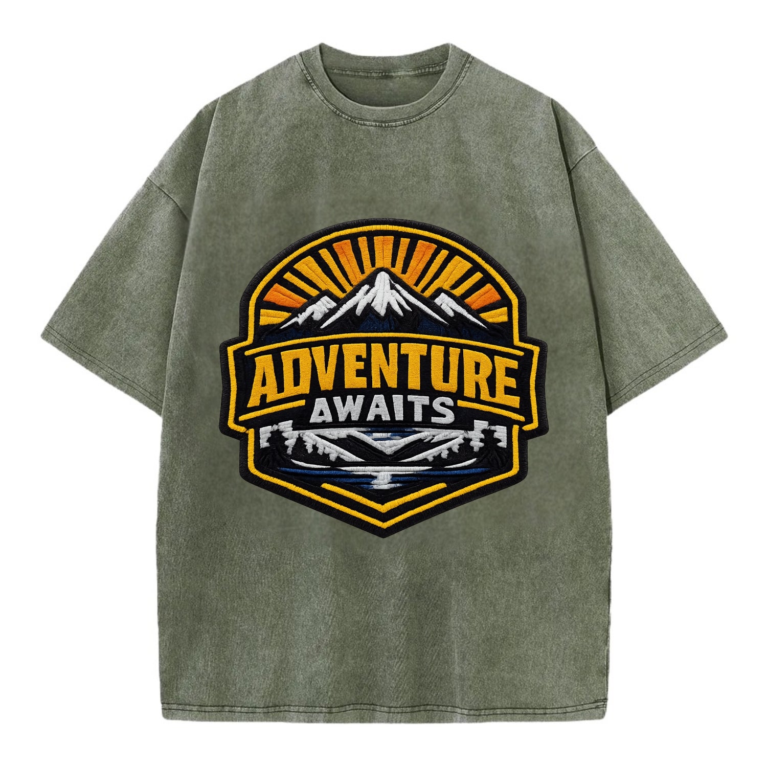 ADVENTURE AWAITS - mountain sunrise with text in gold and blue , wanderlust - Vintage T-shirt - Army Green