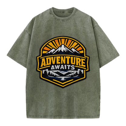 ADVENTURE AWAITS - mountain sunrise with text in gold and blue , wanderlust - Vintage T-shirt - Army Green