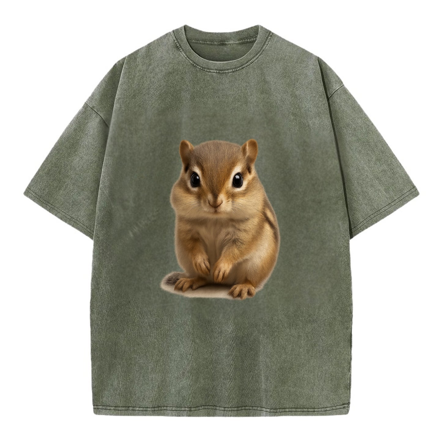 Baby Chipmunk - striped back, cheek pouches, tiny paws, bright eyes, - Vintage T-shirt - Army Green