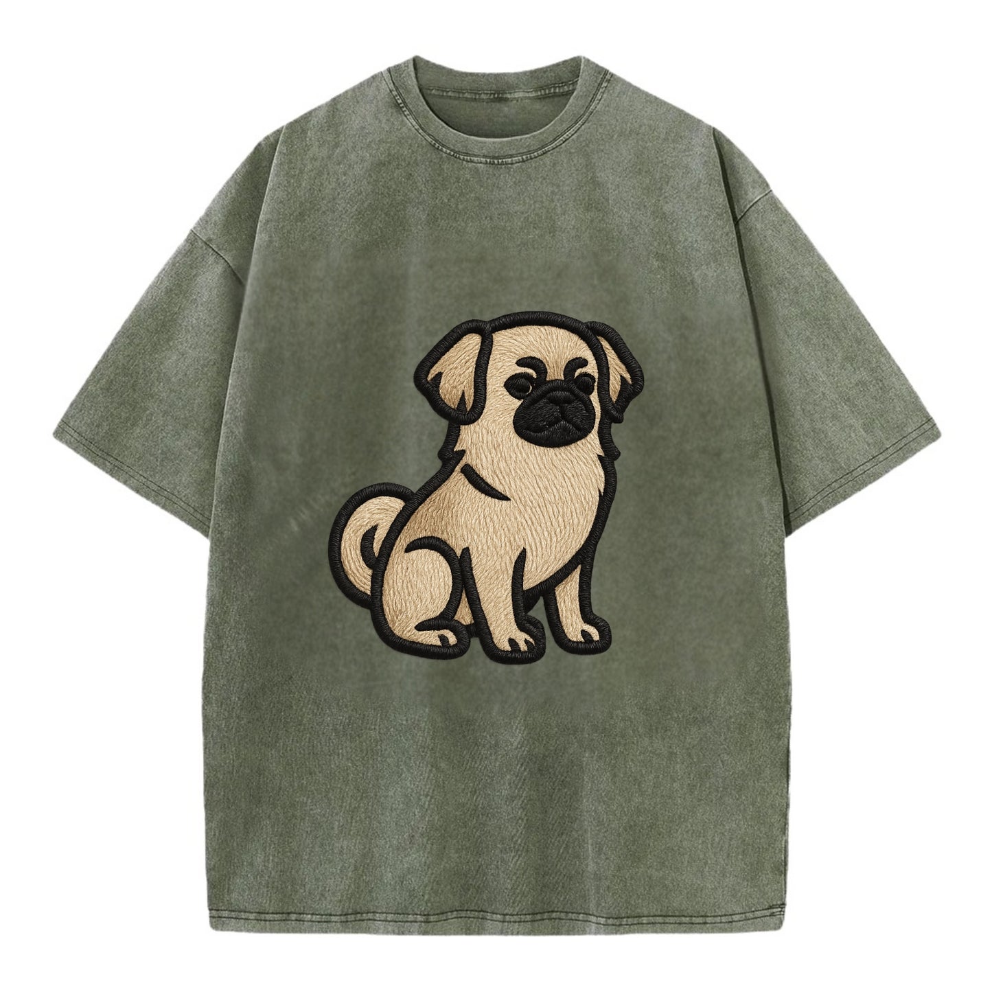 Tibetan Spaniel - Fawn small dog embroid - Vintage T-shirt - Army Green