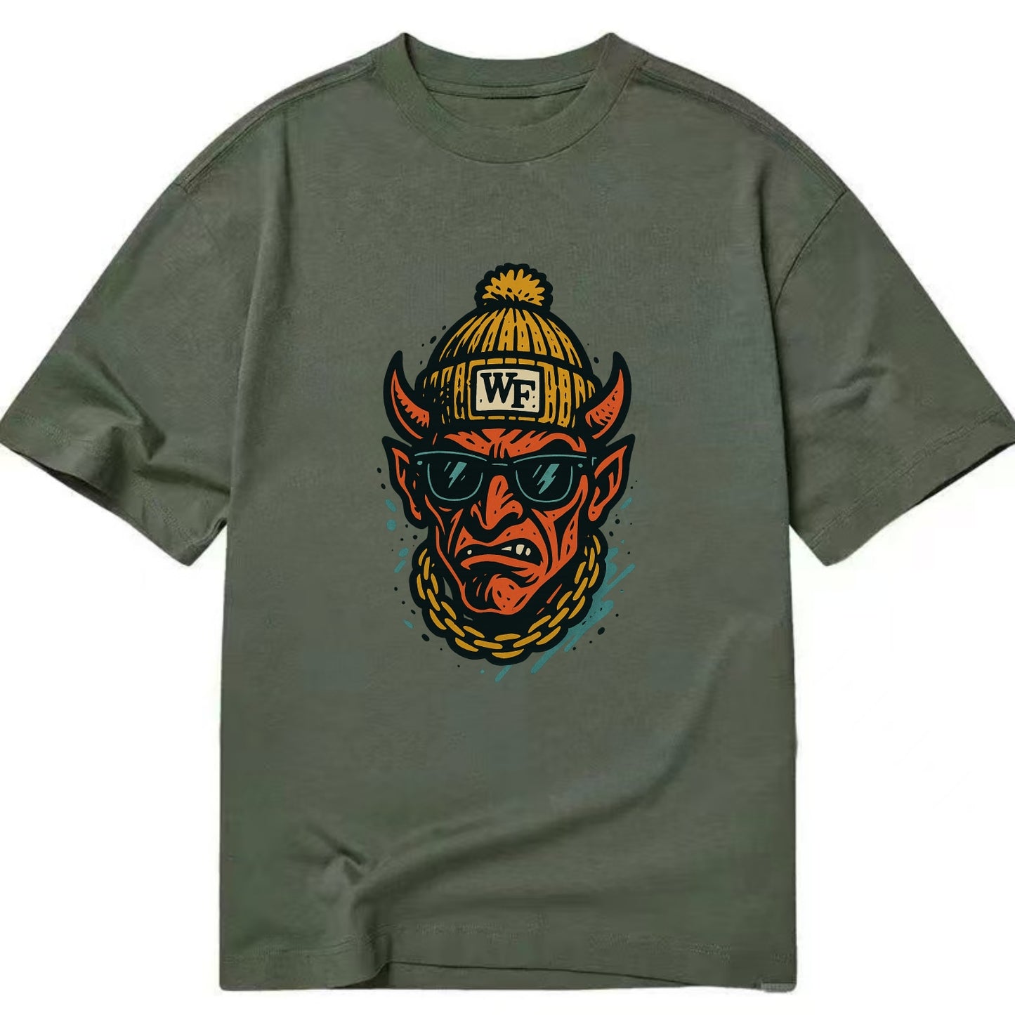 Winston-Salem Demon wearing Wake Forest beanie with WF patch - Classic T-shirt - Army Green