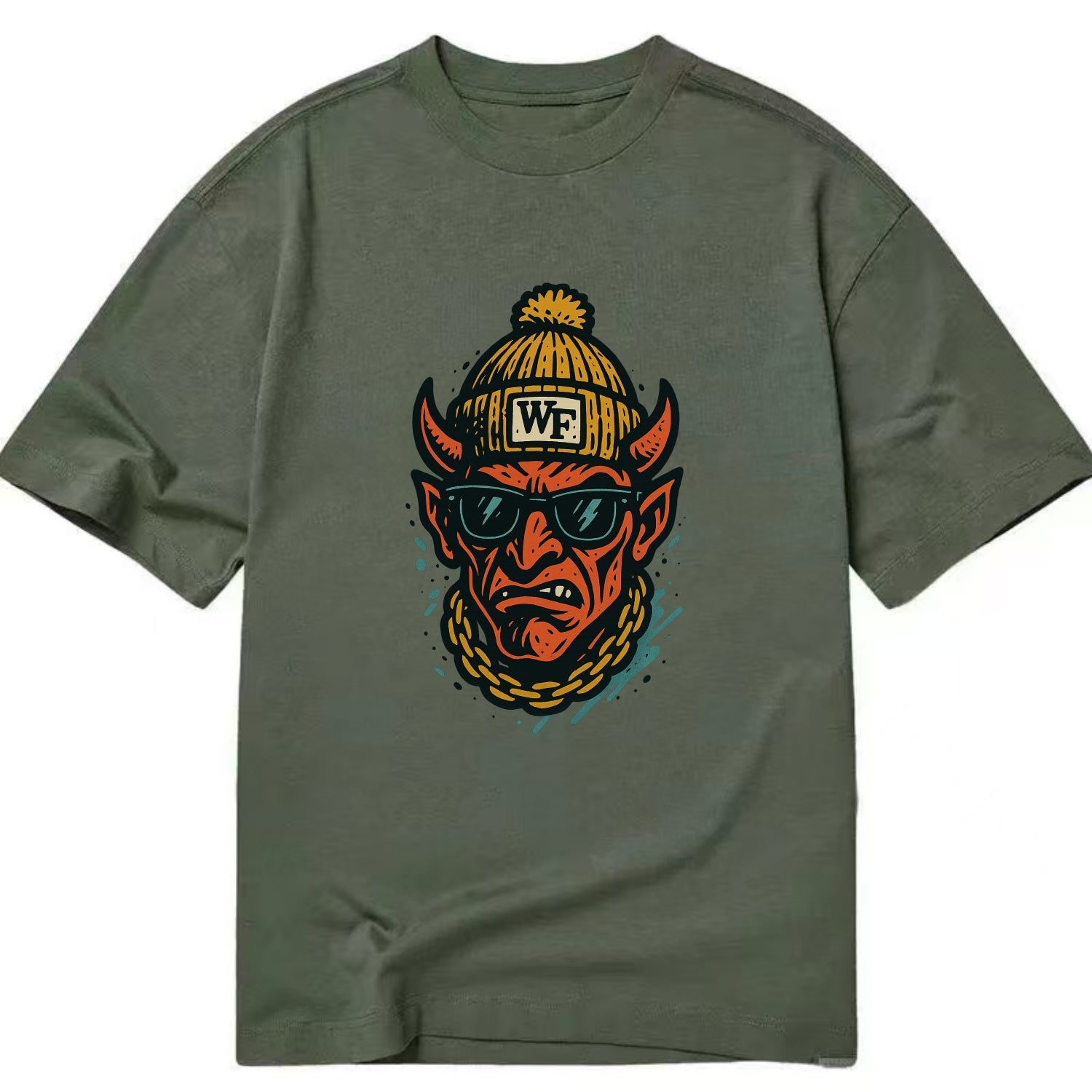 Winston-Salem Demon wearing Wake Forest beanie with WF patch - Classic T-shirt - Army Green