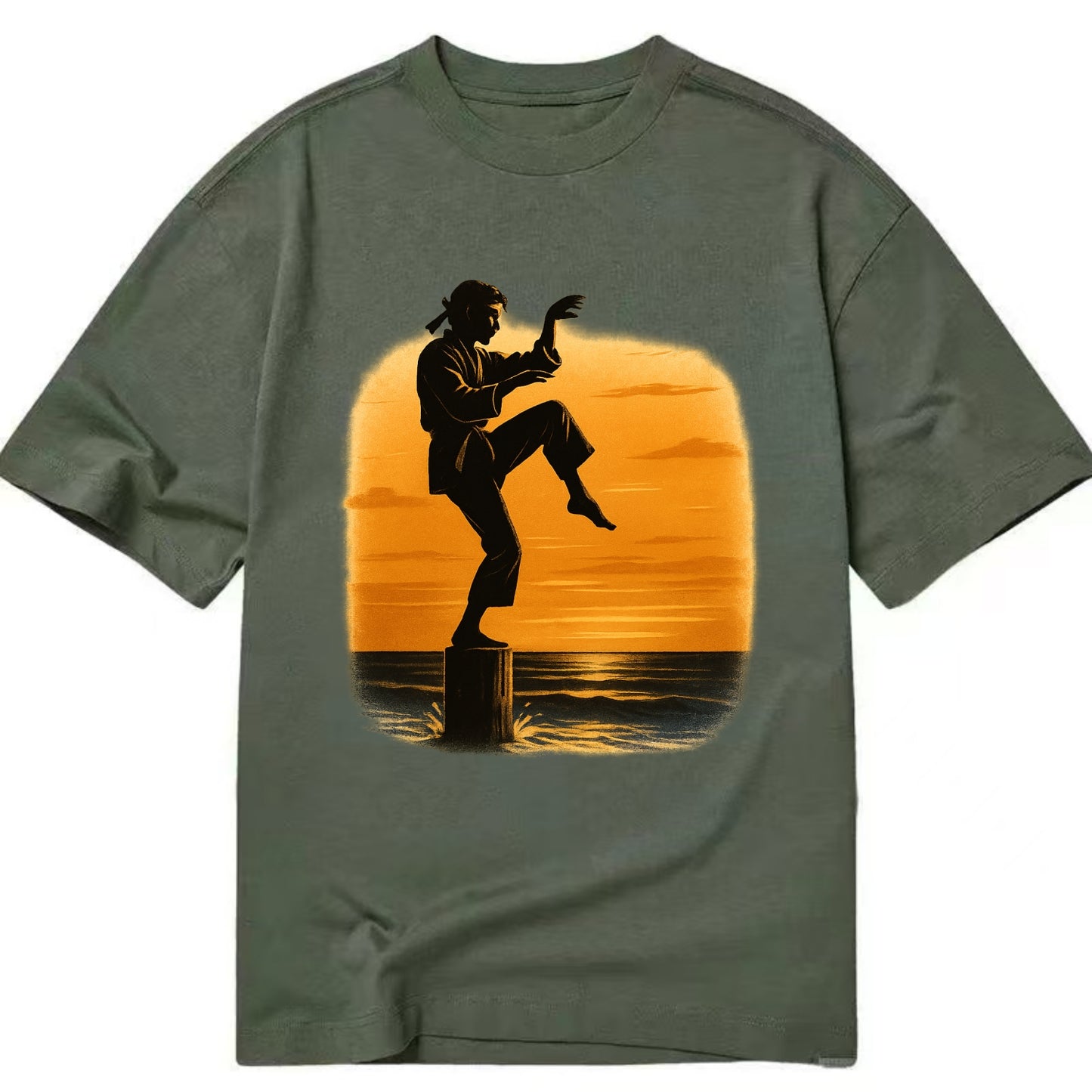 karate crane kick pose on wooden post at beach sunset - Classic T-shirt - Army Green