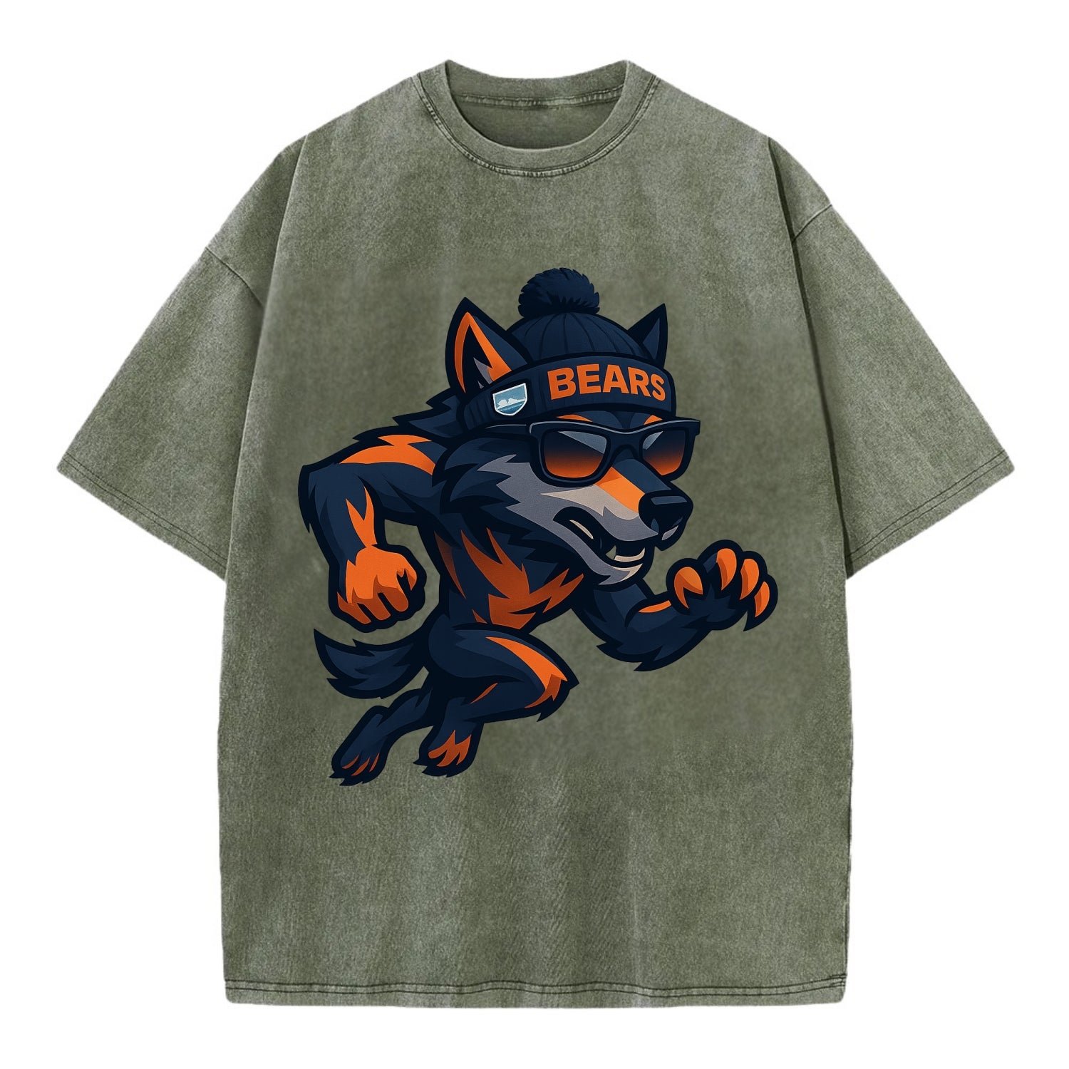 Chicago Wolf wearing Bears beanie with Lake Michigan patch and wayfarer sunglasses - Vintage T-shirt - Army Green