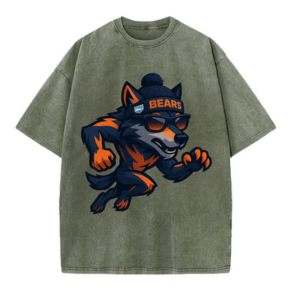 Chicago Wolf wearing Bears beanie with Lake Michigan patch and wayfarer sunglasses - Vintage T-shirt - Army Green