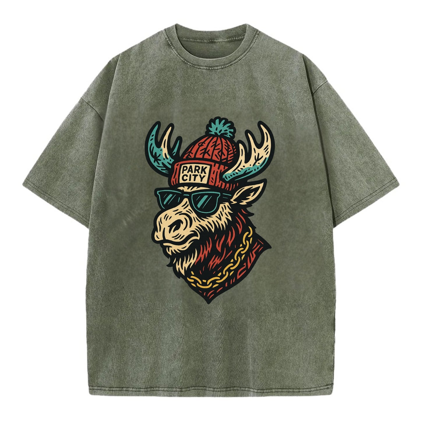 Park City Moose wearing Park City beanie with pom pom and wayfarer sunglasses - Vintage T-shirt - Army Green