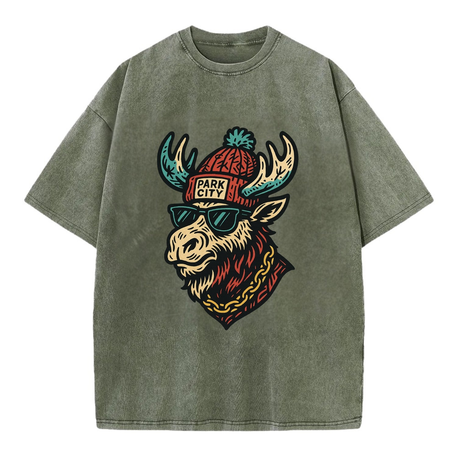 Park City Moose wearing Park City beanie with pom pom and wayfarer sunglasses - Vintage T-shirt - Army Green