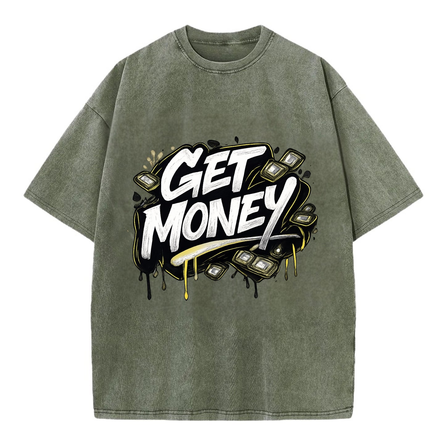 Bold typography design - "GET MONEY" - pursuit of wealth, earning - Vintage T-shirt - Army Green