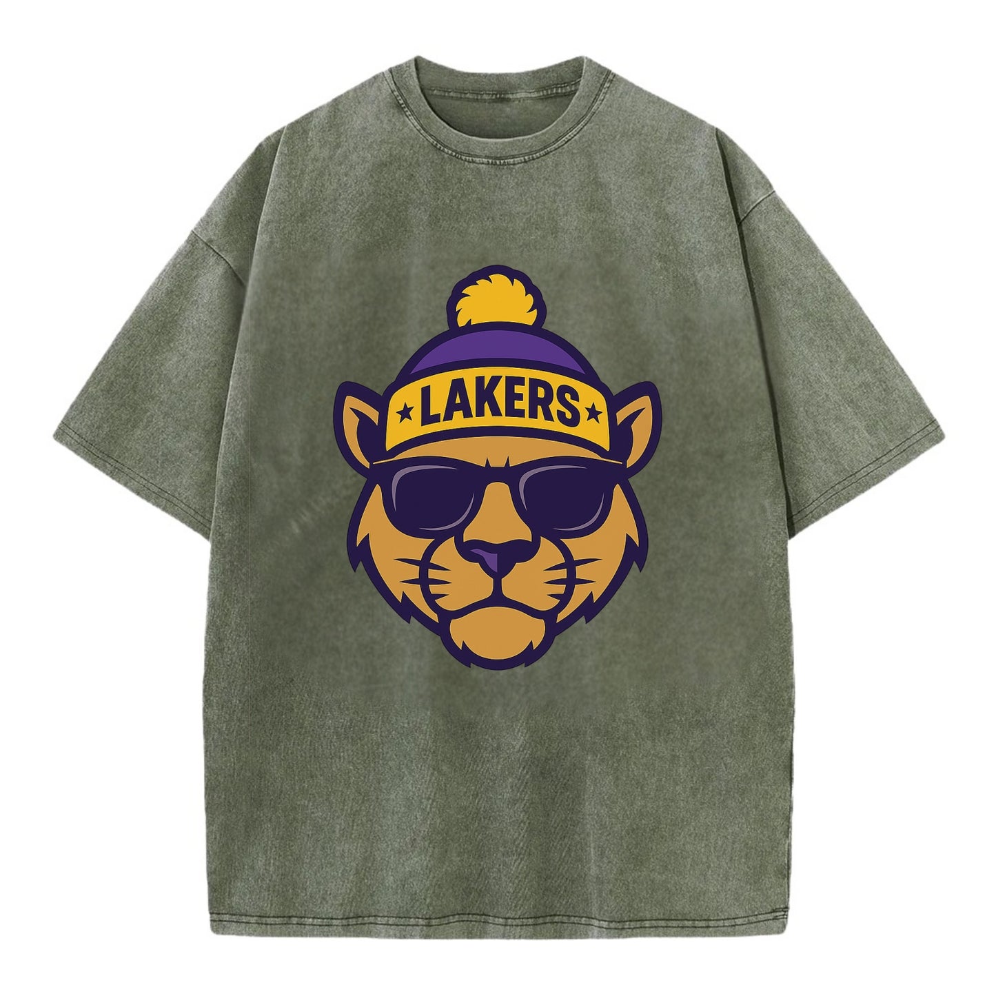 LA Mountain Lion wearing Lakers purple and gold beanie with championship stars - Vintage T-shirt - Army Green