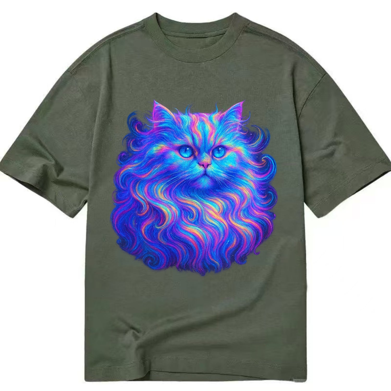 Luxurious Persian cat with flowing fur that refracts into rainbow prisms, soft - Classic T-shirt - Army Green